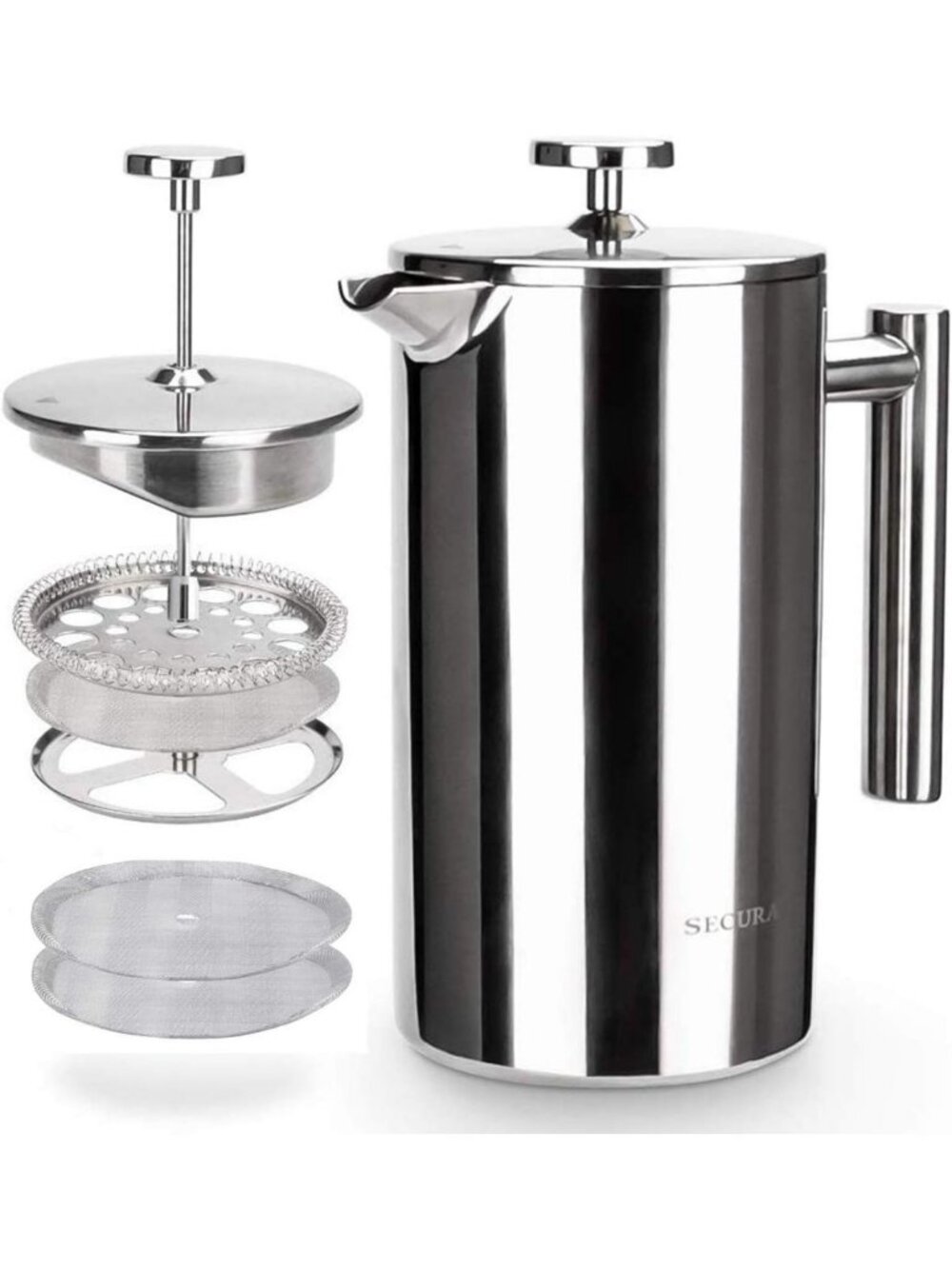 Stainless Steel French Press Coffee Maker - Insulated 34oz with Extra Screens